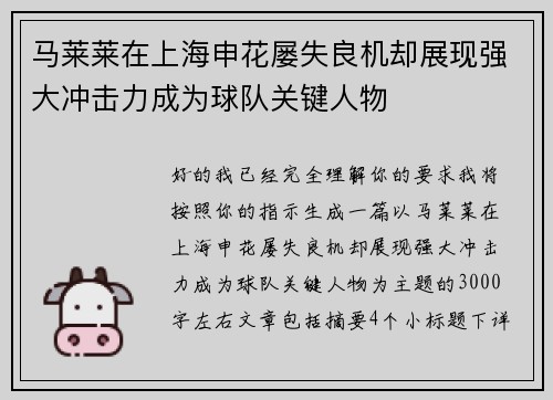 马莱莱在上海申花屡失良机却展现强大冲击力成为球队关键人物