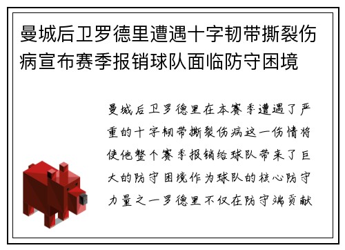 曼城后卫罗德里遭遇十字韧带撕裂伤病宣布赛季报销球队面临防守困境 曼城后卫罗德里遭遇十字韧带撕裂伤病宣布赛季报销球队面临防守困境